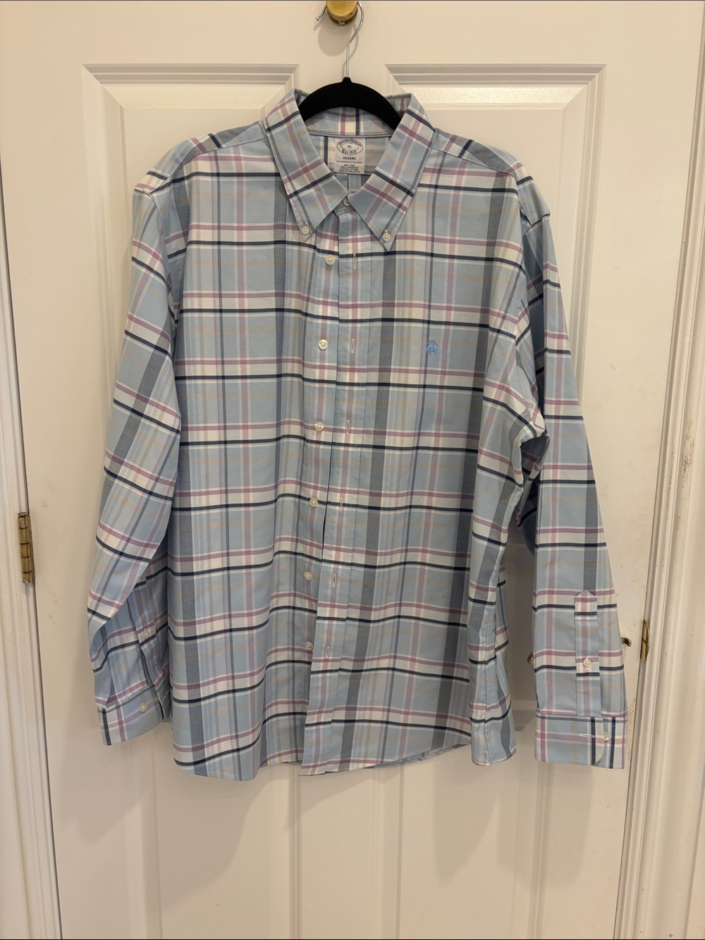 Brooks Brothers Light Blue Plaid Button-Down Shirt with Pink & Navy Accents